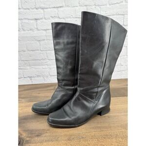 FItzwell Black Leather Mid Calf Boots Women Size 9W Square Toe Low Heel Classic